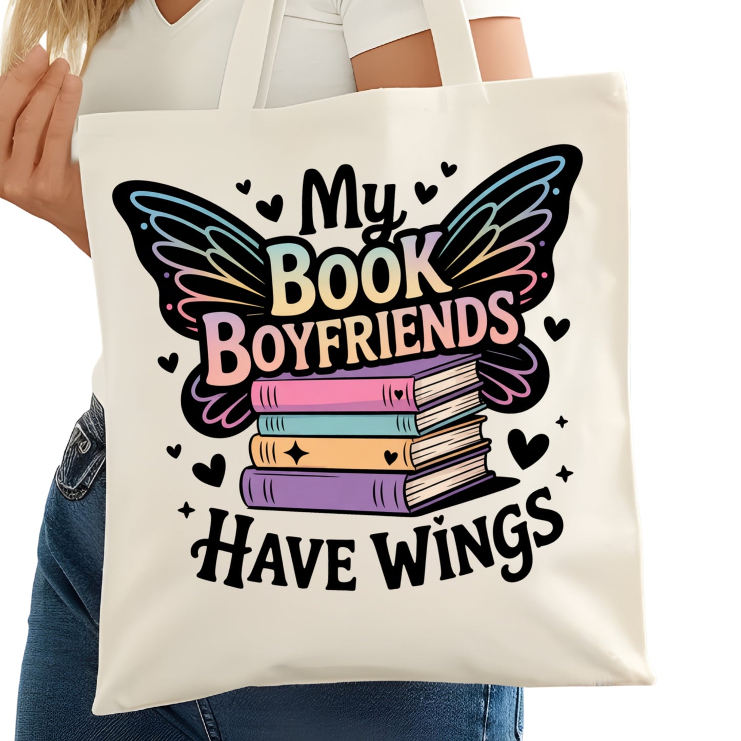 My Book Boyfriends Have Wings Bookish Tote Bag – Reading Tote for Book Lovers – Book Reader Bag - Romance Reader Tote - Book Store