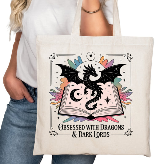 Obsessed with Dragons and Dark Lords Bookish Tote Bag – Reading Tote for Book Lovers – Book Reader Bag - Romance Reader Tote - Book Store