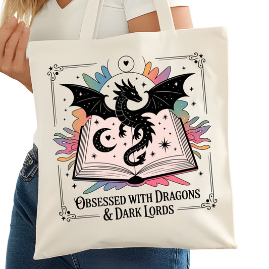 Obsessed with Dragons and Dark Lords Bookish Tote Bag – Reading Tote for Book Lovers – Book Reader Bag - Romance Reader Tote - Book Store