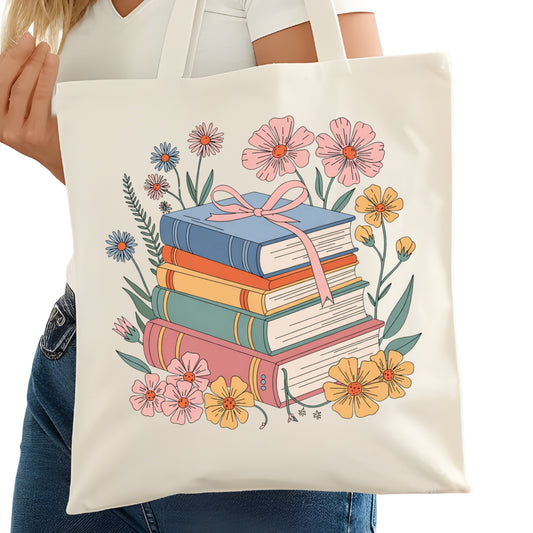 Book Stack with Flowers Bookish Tote Bag – Reading Tote for Book Lovers – Book Reader Bag - Romance Reader Tote - Book Store