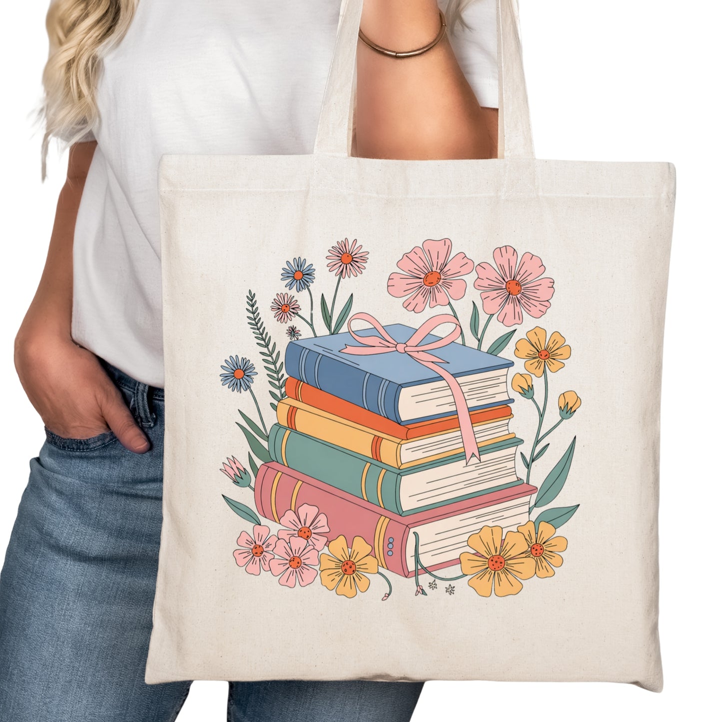 Book Stack with Flowers Bookish Tote Bag – Reading Tote for Book Lovers – Book Reader Bag - Romance Reader Tote - Book Store
