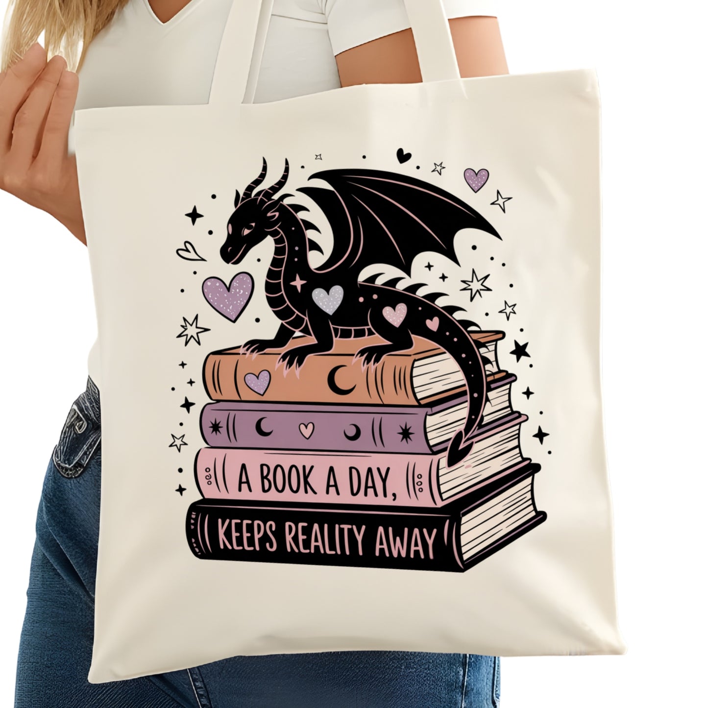 A Book a Day Keeps Reality Away Dragons Bookish Tote Bag – Reading Tote for Book Lovers – Book Reader Bag - Romance Reader Tote - Book Store