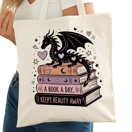 A Book a Day Keeps Reality Away Dragons Bookish Tote Bag – Reading Tote for Book Lovers – Book Reader Bag - Romance Reader Tote - Book Store