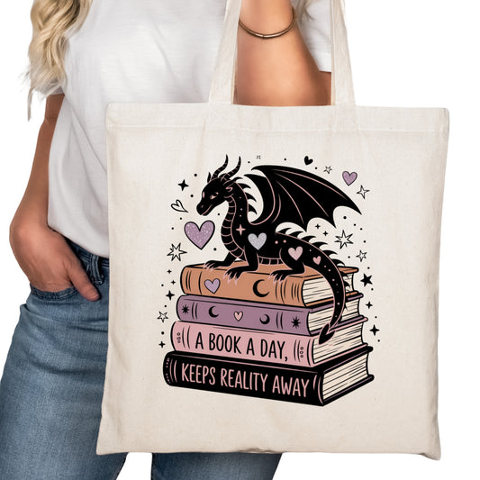 A Book a Day Keeps Reality Away Dragons Bookish Tote Bag – Reading Tote for Book Lovers – Book Reader Bag - Romance Reader Tote - Book Store