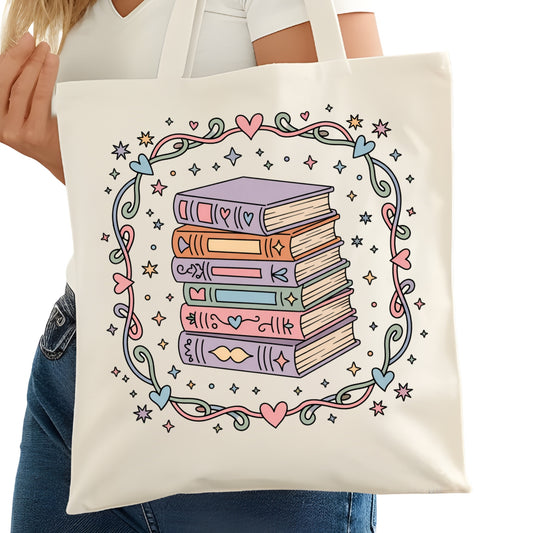 Pretty Pastel Book stack Bookish Tote Bag – Reading Tote for Book Lovers – Book Reader Bag - Romance Reader Tote - Book Store
