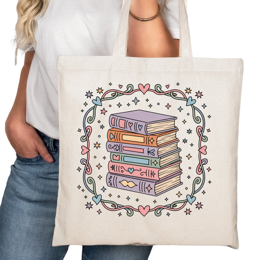 Pretty Pastel Book stack Bookish Tote Bag – Reading Tote for Book Lovers – Book Reader Bag - Romance Reader Tote - Book Store