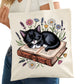 Books Cats and Flowers Bookish Tote Bag – Reading Tote for Book Lovers – Book Reader Bag - Romance Reader Tote - Book Store