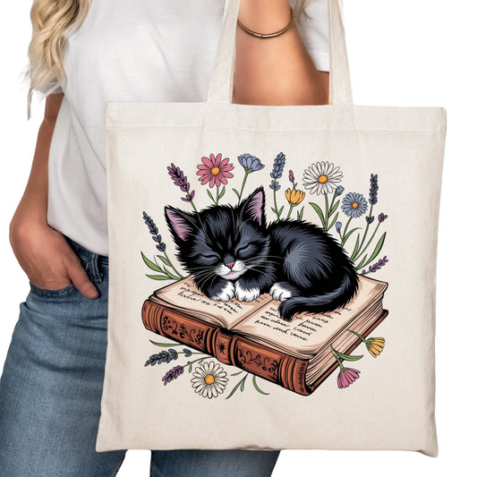 Books Cats and Flowers Bookish Tote Bag – Reading Tote for Book Lovers – Book Reader Bag - Romance Reader Tote - Book Store