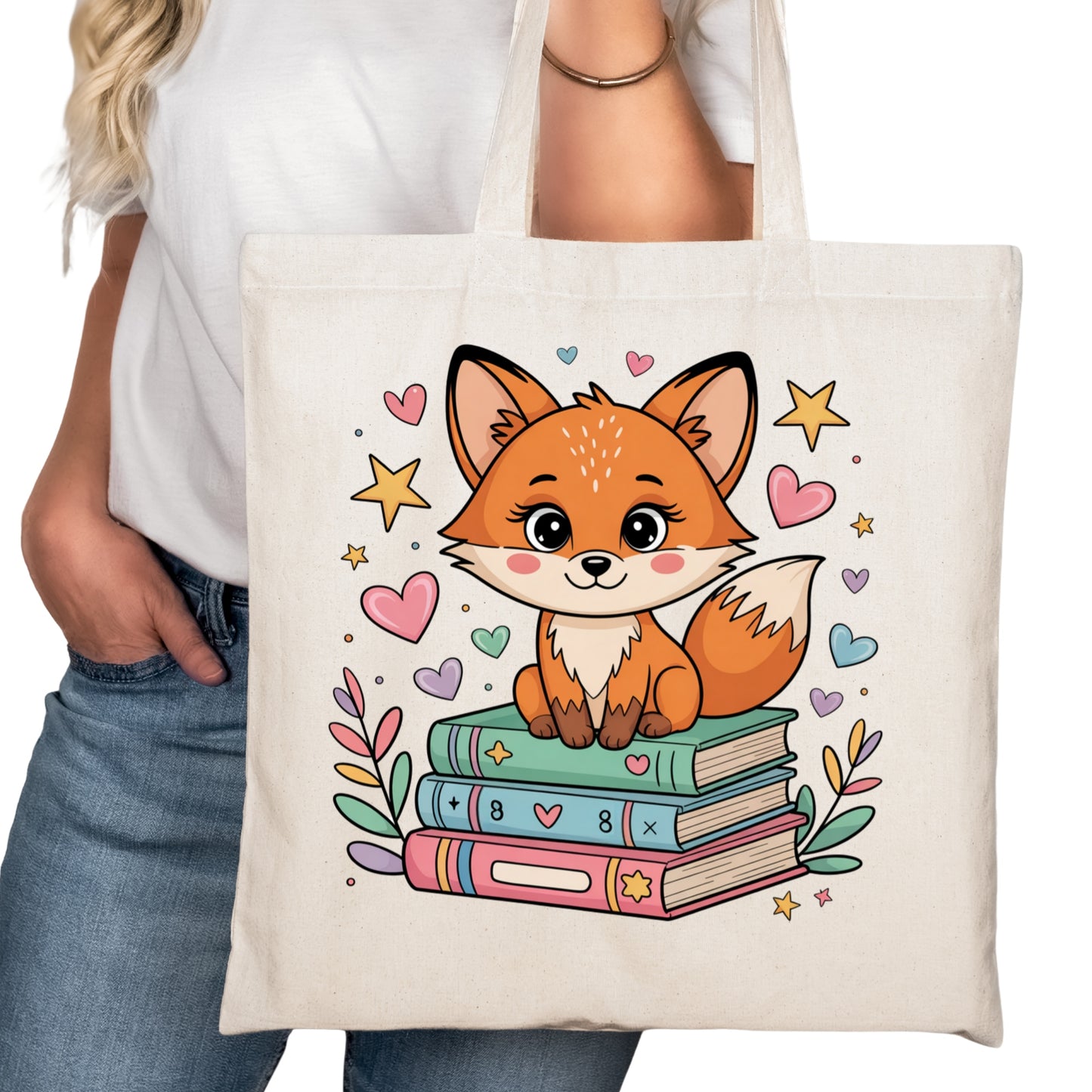 Cute Fox on Books Bookish Tote Bag – Reading Tote for Book Lovers – Book Reader Bag - Romance Reader Tote - Book Store