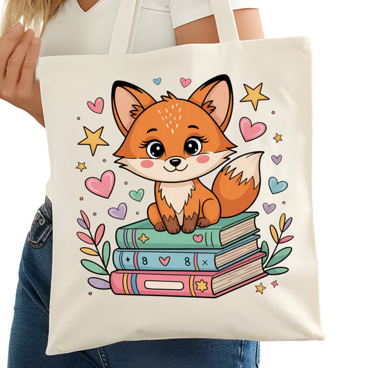 Cute Fox on Books Bookish Tote Bag – Reading Tote for Book Lovers – Book Reader Bag - Romance Reader Tote - Book Store