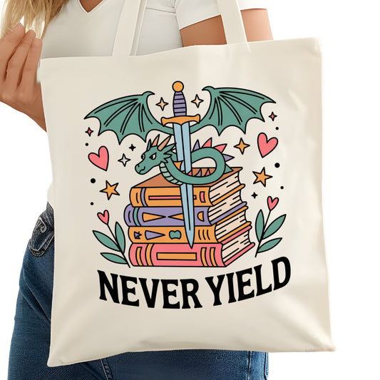 Never Yield Dragon Bookish Tote Bag – Reading Tote for Book Lovers – Book Reader Bag - Romance Reader Tote - Book Store