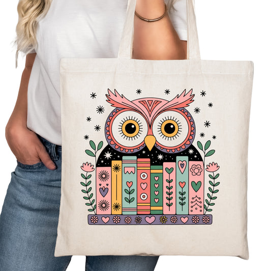 Colorful Owl with Book stack Folk Bookish Tote Bag – Reading Tote for Book Lovers – Book Reader Bag - Romance Reader Tote - Book Store