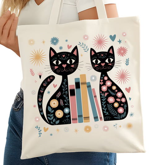 Folk Art cats with Books Bookish Tote Bag – Reading Tote for Book Lovers – Book Reader Bag - Romance Reader Tote - Book Store