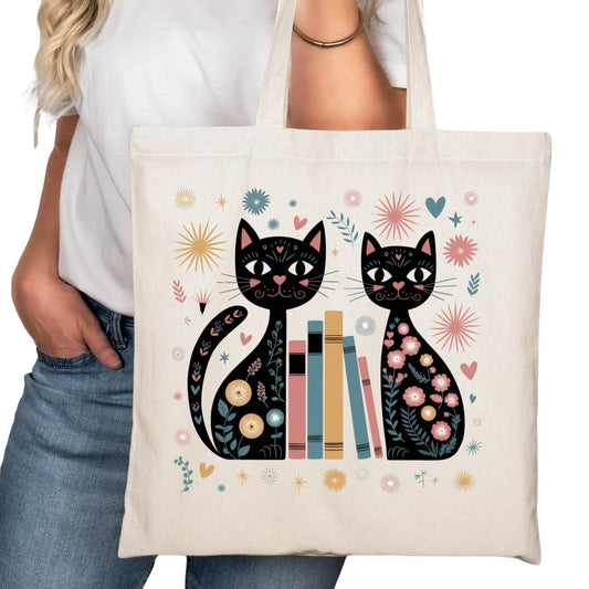 Folk Art cats with Books Bookish Tote Bag – Reading Tote for Book Lovers – Book Reader Bag - Romance Reader Tote - Book Store