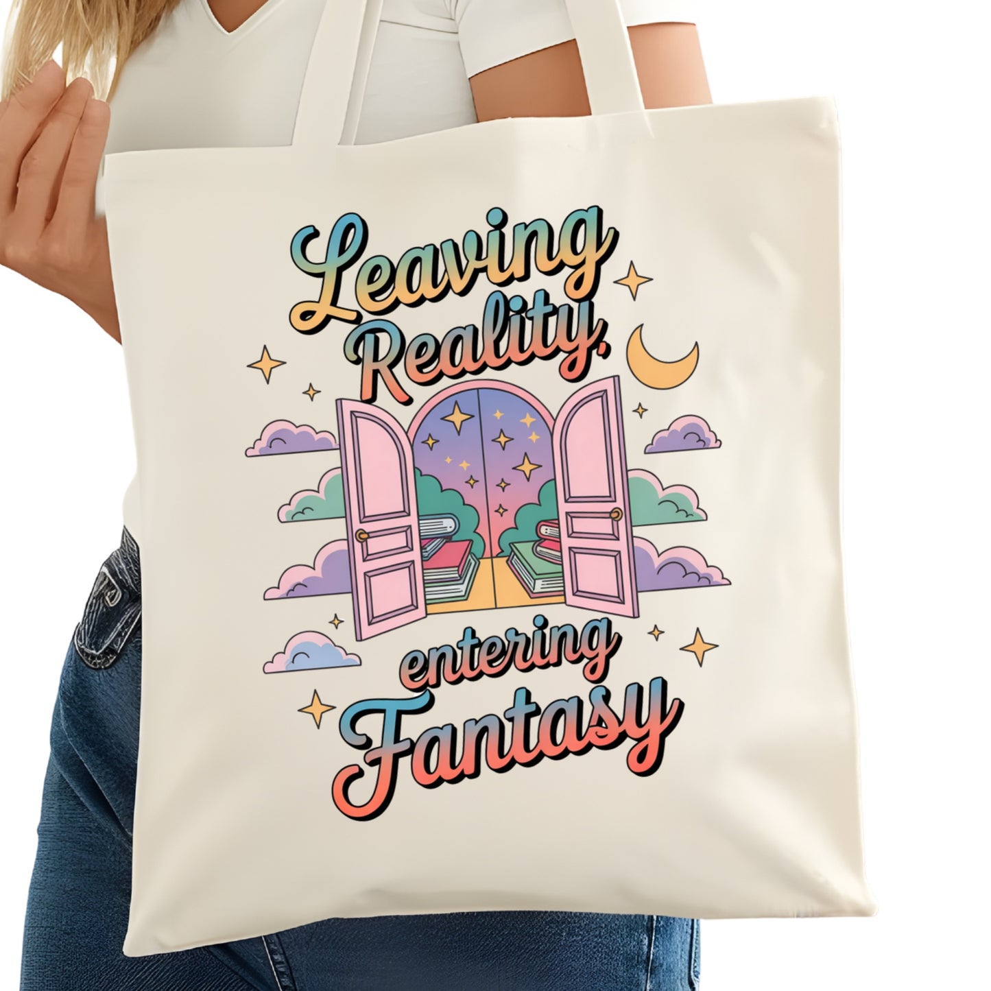 Leaving Reality Entering Fantasy Bookish Tote Bag – Reading Tote for Book Lovers – Book Reader Bag - Romance Reader Tote - Book Store