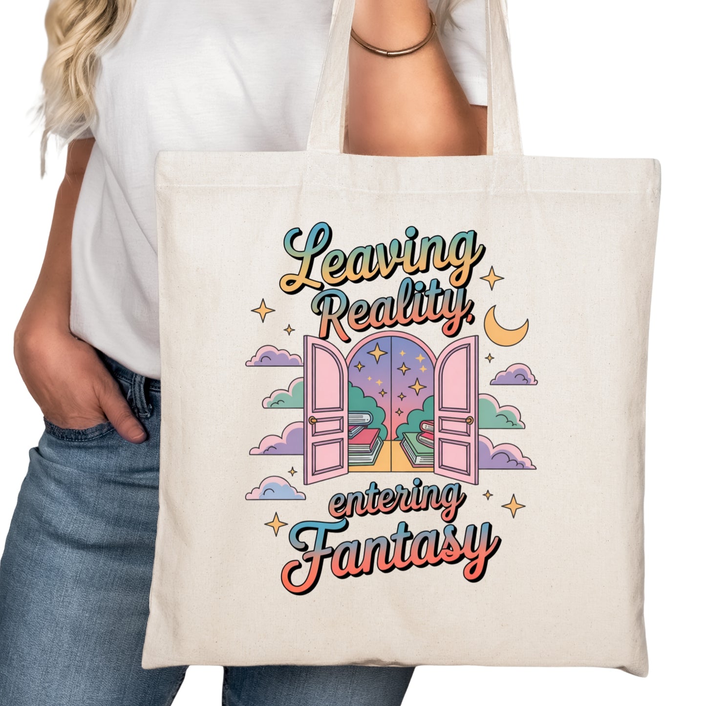 Leaving Reality Entering Fantasy Bookish Tote Bag – Reading Tote for Book Lovers – Book Reader Bag - Romance Reader Tote - Book Store