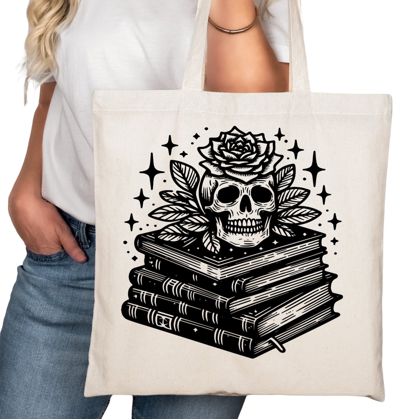 Gothic Books and Skull Bookish Tote Bag – Reading Tote for Book Lovers – Book Reader Bag - Romance Reader Tote - Book Store