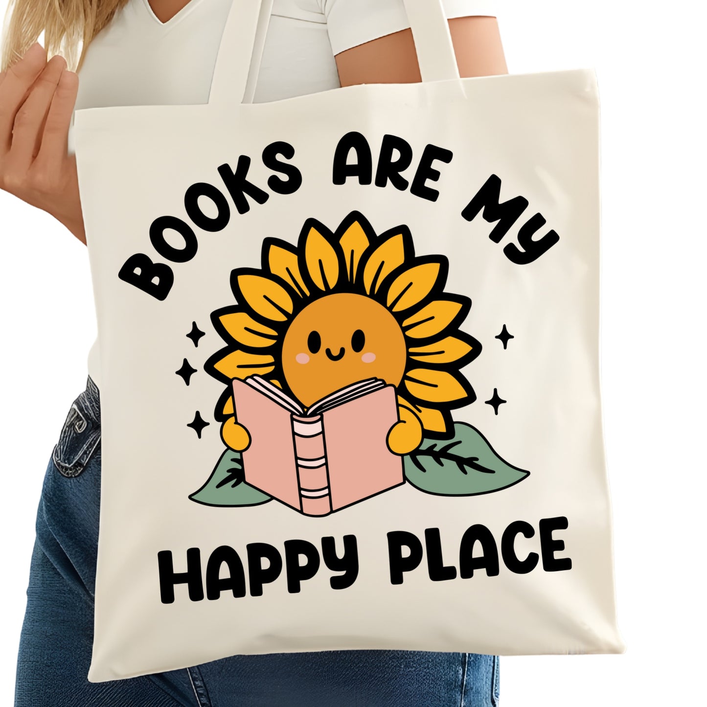 Books are My Happy Place Sunflower Bookish Tote Bag – Reading Tote for Book Lovers – Book Reader Bag - Romance Reader Tote - Book Store