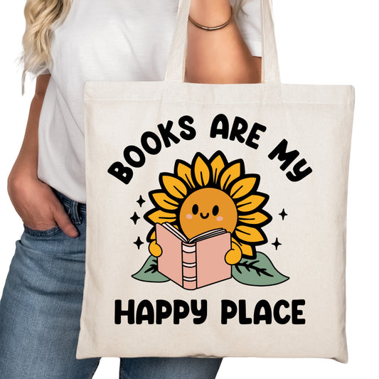 Books are My Happy Place Sunflower Bookish Tote Bag – Reading Tote for Book Lovers – Book Reader Bag - Romance Reader Tote - Book Store