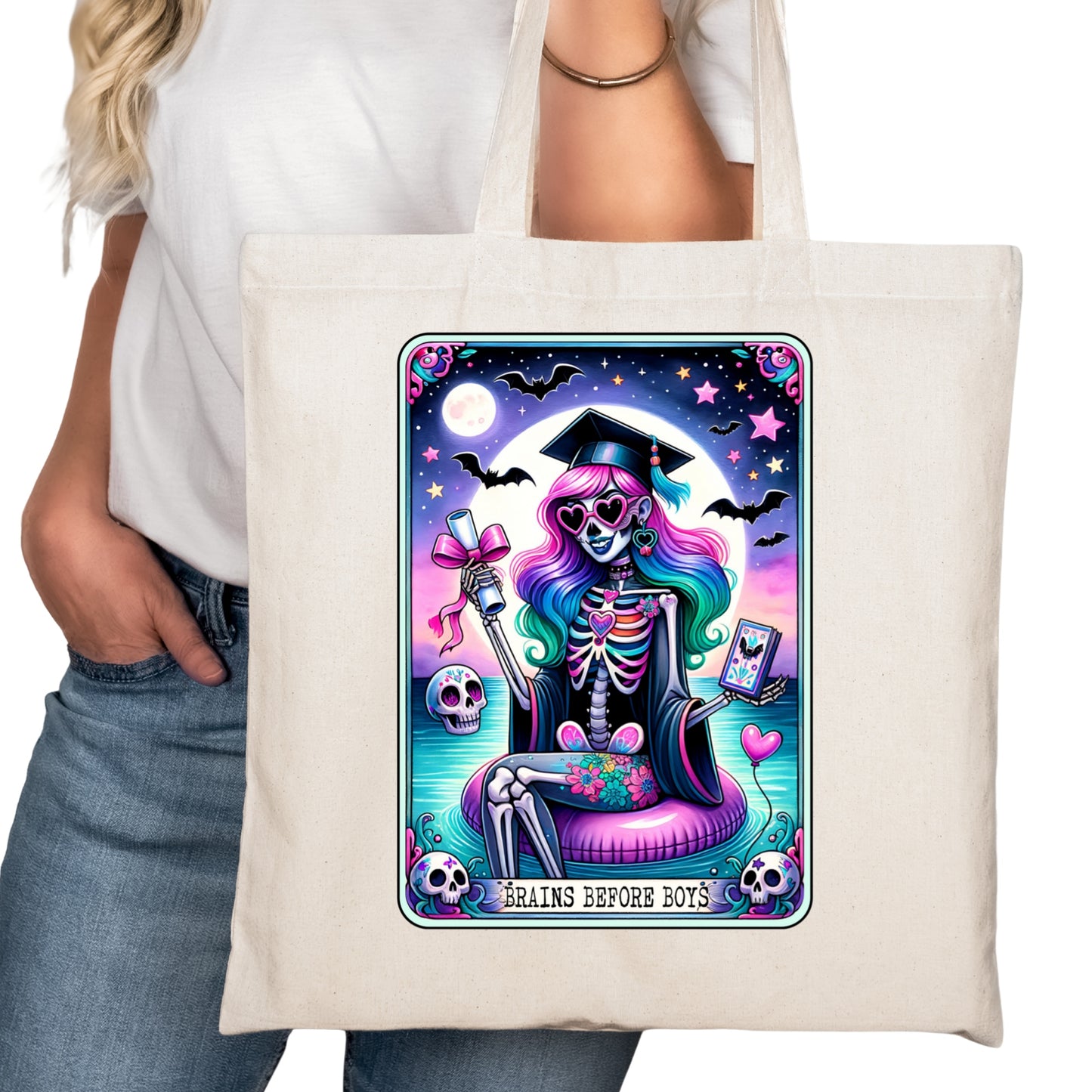 Brains Before Boys Tarot Bookish Tote Bag – Reading Tote for Book Lovers – Book Reader Bag - Romance Reader Tote - Book Store