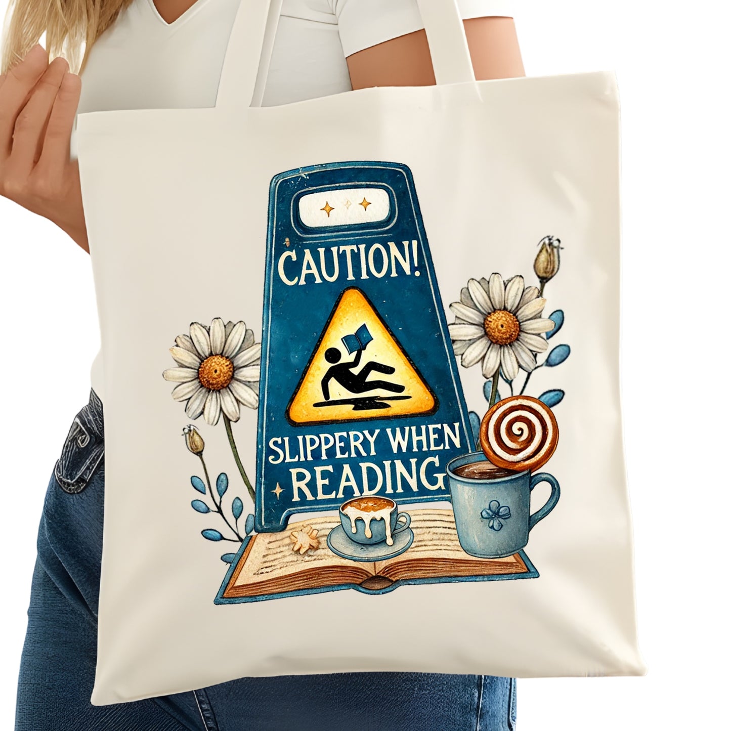 Caution Slippery When Wet Bookish Tote Bag – Reading Tote for Book Lovers – Book Reader Bag - Romance Reader Tote - Book Store