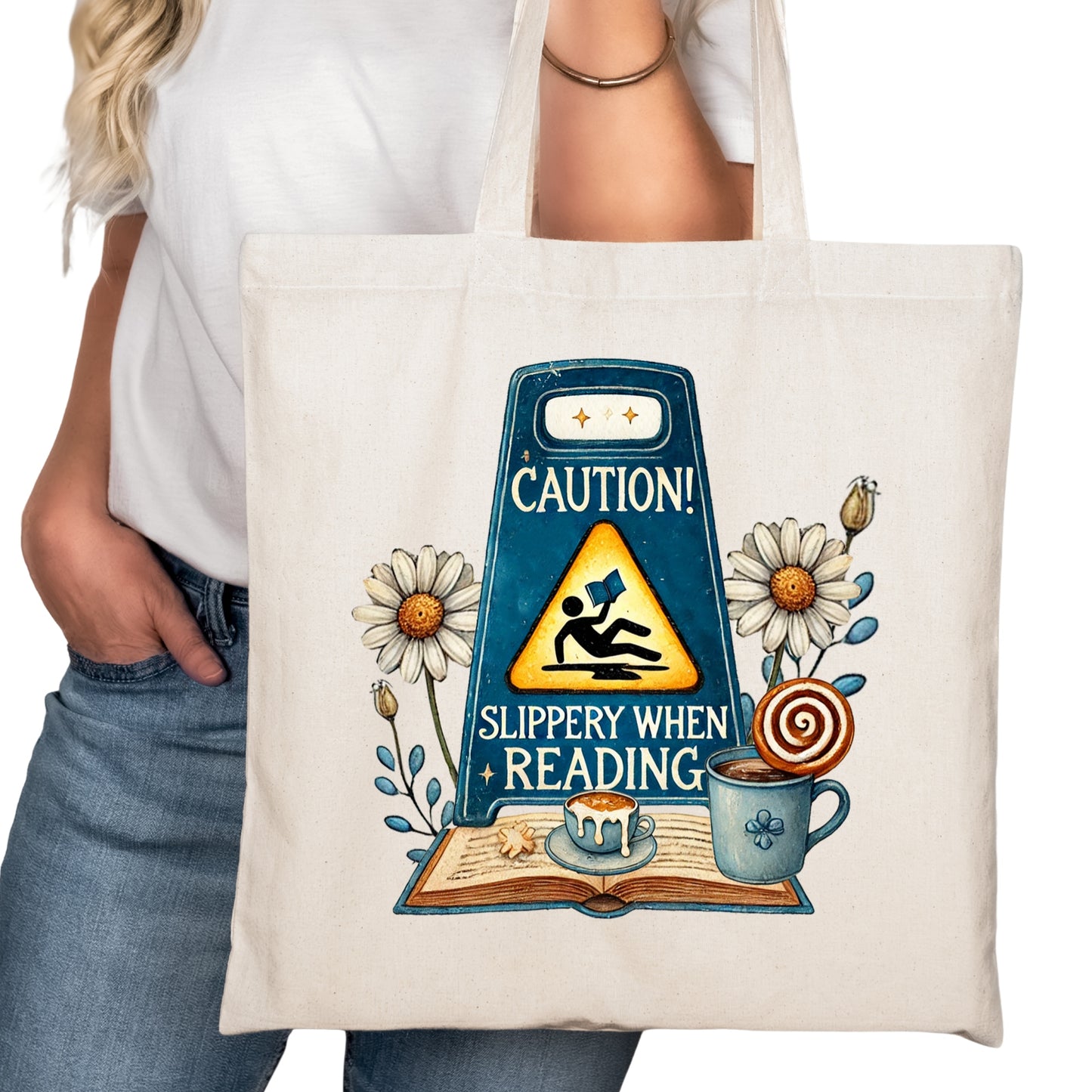 Caution Slippery When Wet Bookish Tote Bag – Reading Tote for Book Lovers – Book Reader Bag - Romance Reader Tote - Book Store