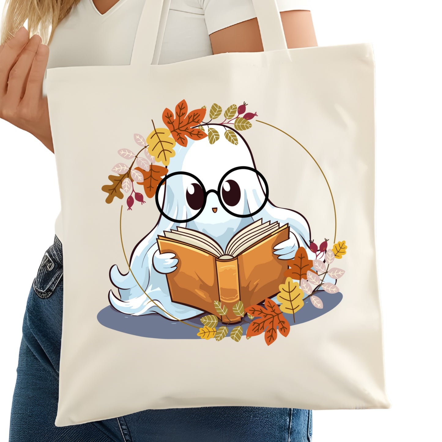 Cute Fall Ghost with Books Bookish Tote Bag – Reading Tote for Book Lovers – Book Reader Bag - Romance Reader Tote - Book Store