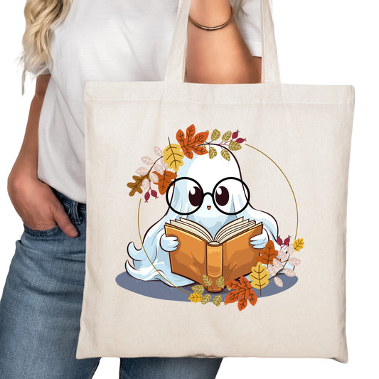 Cute Fall Ghost with Books Bookish Tote Bag – Reading Tote for Book Lovers – Book Reader Bag - Romance Reader Tote - Book Store