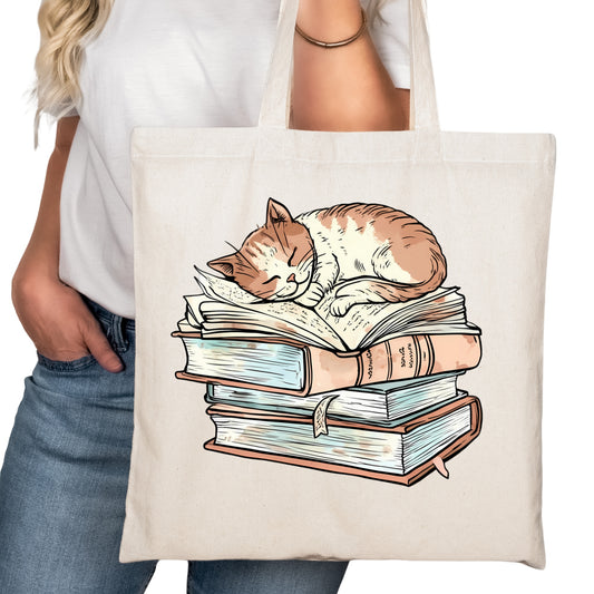 Cat Curled up on Books Bookish Tote Bag – Reading Tote for Book Lovers – Book Reader Bag - Romance Reader Tote - Book Store