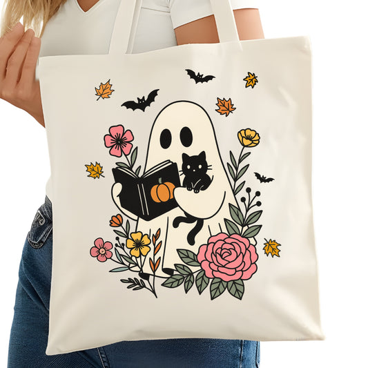 Ghost Reading Book with Kitty Cat Bookish Tote Bag – Reading Tote for Book Lovers – Book Reader Bag - Romance Reader Tote - Book Store