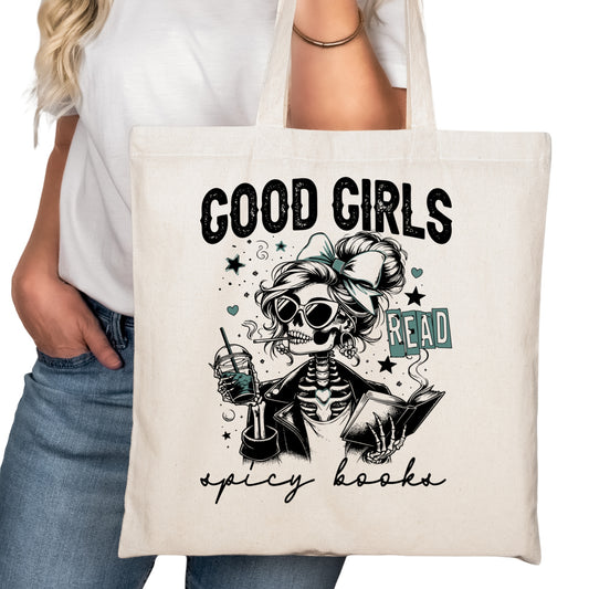 Good Girls Read Spicy Books Bookish Tote Bag – Reading Tote for Book Lovers – Book Reader Bag - Romance Reader Tote - Book Store