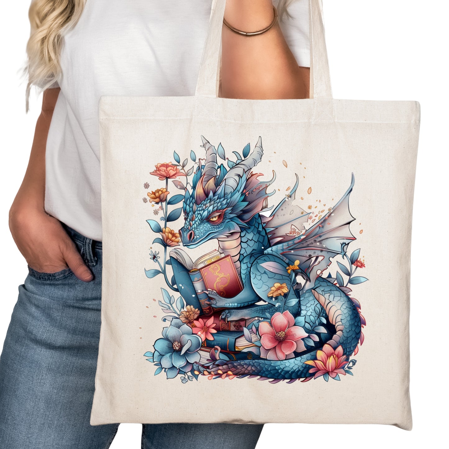 Book Dragon Reading Bookish Tote Bag – Reading Tote for Book Lovers – Book Reader Bag - Romance Reader Tote - Book Store
