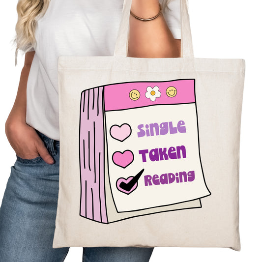 Single Taken Reading Bookish Tote Bag – Reading Tote for Book Lovers – Book Reader Bag - Romance Reader Tote - Book Store