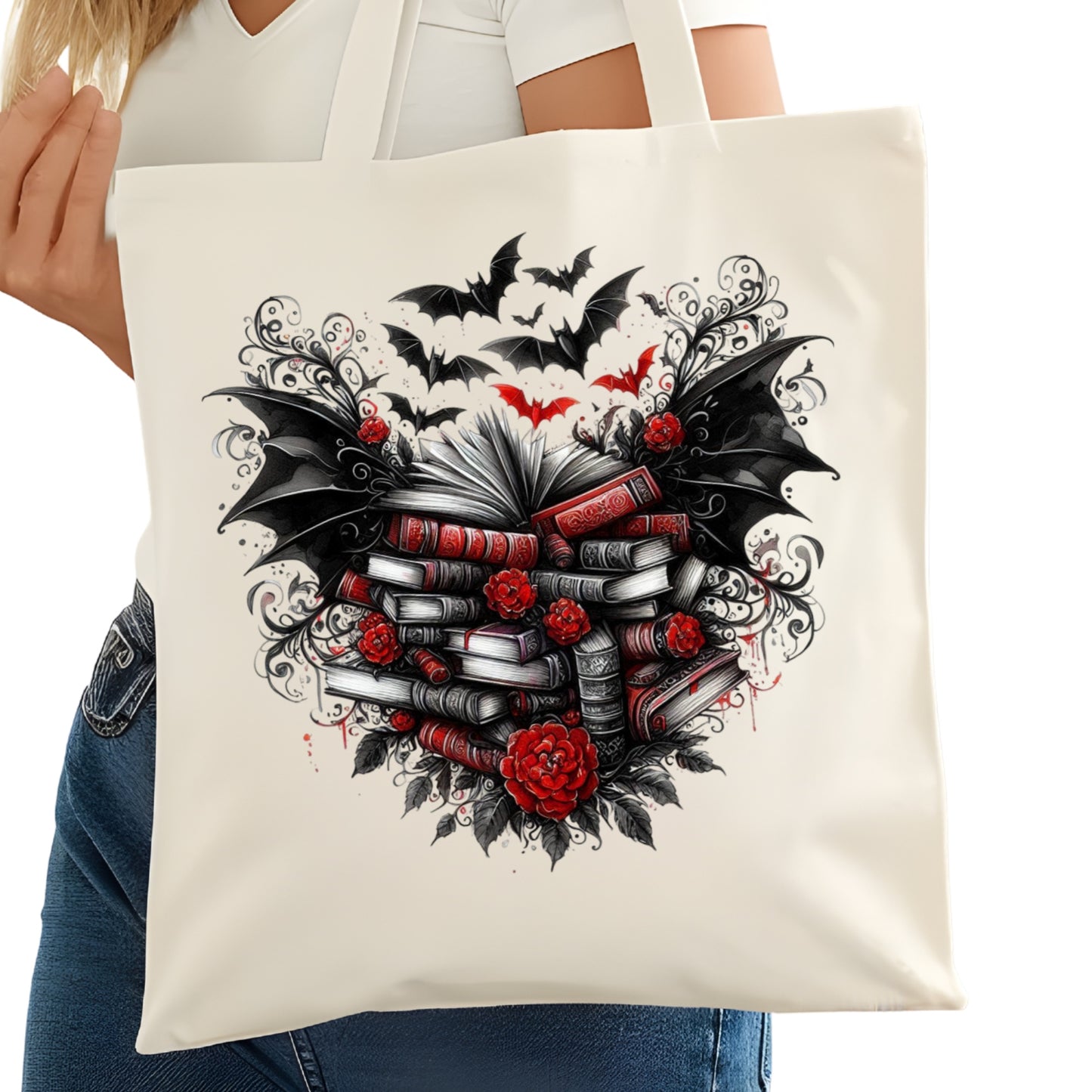Bats with Books and Roses Bookish Tote Bag – Reading Tote for Book Lovers – Book Reader Bag - Romance Reader Tote - Book Store