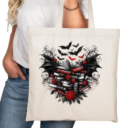 Bats with Books and Roses Bookish Tote Bag – Reading Tote for Book Lovers – Book Reader Bag - Romance Reader Tote - Book Store