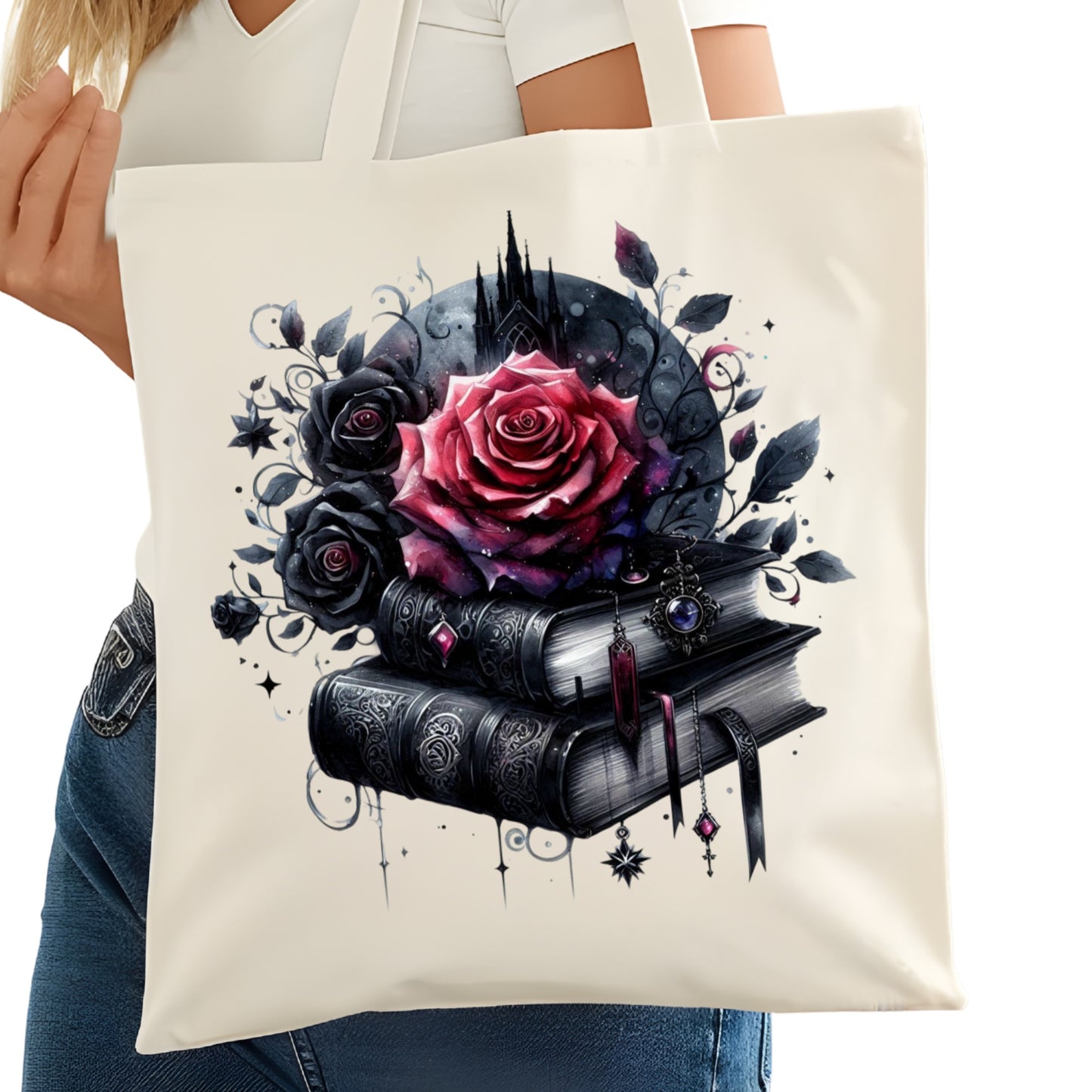 Gothic Books with Roses Bookish Tote Bag – Reading Tote for Book Lovers – Book Reader Bag - Romance Reader Tote - Book Store