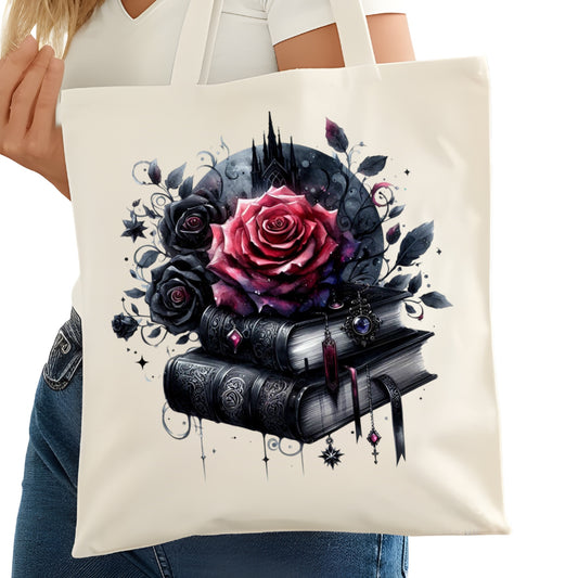 Gothic Books with Roses Bookish Tote Bag – Reading Tote for Book Lovers – Book Reader Bag - Romance Reader Tote - Book Store