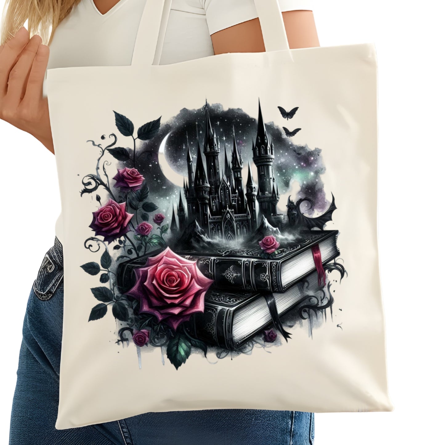 Books Castle Pink Roses Bookish Tote Bag – Reading Tote for Book Lovers – Book Reader Bag - Romance Reader Tote - Book Store