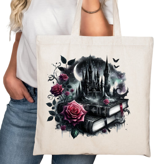 Books Castle Pink Roses Bookish Tote Bag – Reading Tote for Book Lovers – Book Reader Bag - Romance Reader Tote - Book Store