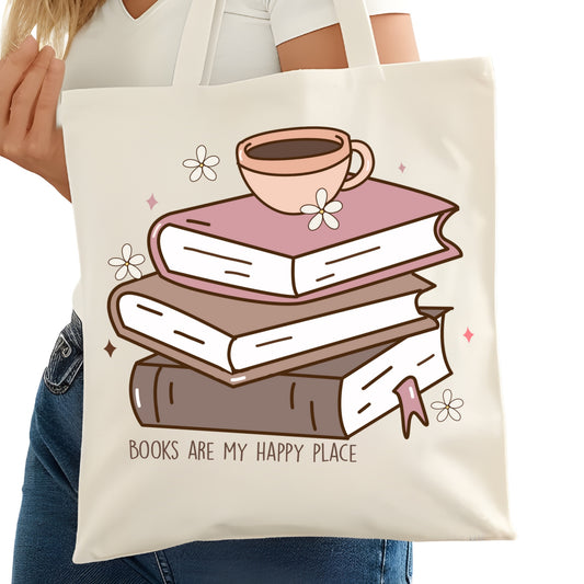 Books are My Happy Place Bookish Tote Bag – Reading Tote for Book Lovers – Book Reader Bag - Romance Reader Tote - Book Store