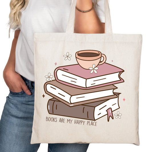 Books are My Happy Place Bookish Tote Bag – Reading Tote for Book Lovers – Book Reader Bag - Romance Reader Tote - Book Store