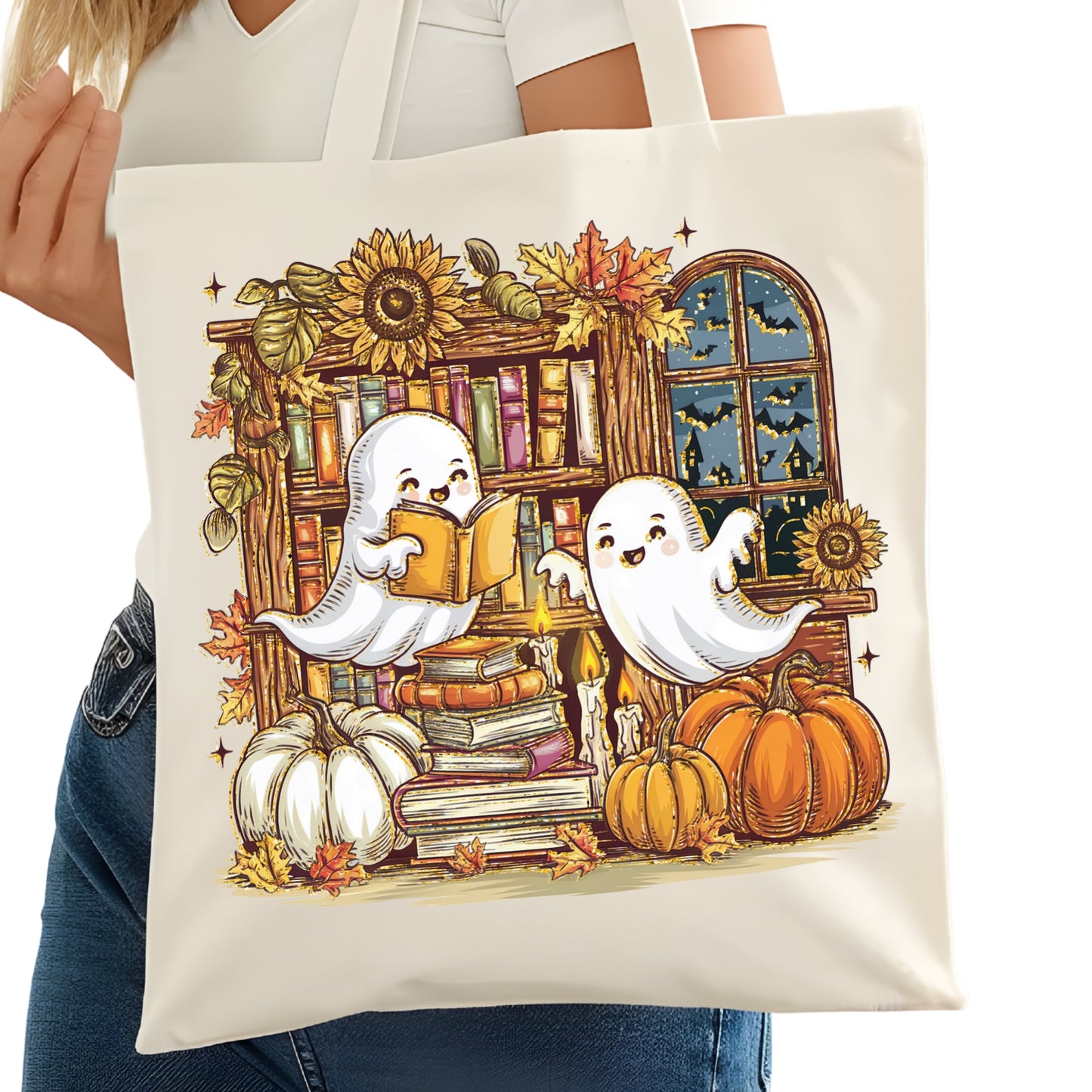 Ghosts Reading against Book shelf Bookish Tote Bag – Reading Tote for Book Lovers – Book Reader Bag - Romance Reader Tote - Book Store