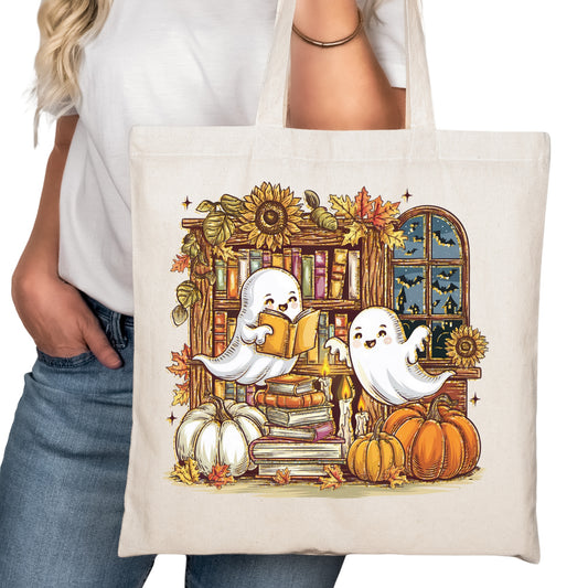 Ghosts Reading against Book shelf Bookish Tote Bag – Reading Tote for Book Lovers – Book Reader Bag - Romance Reader Tote - Book Store