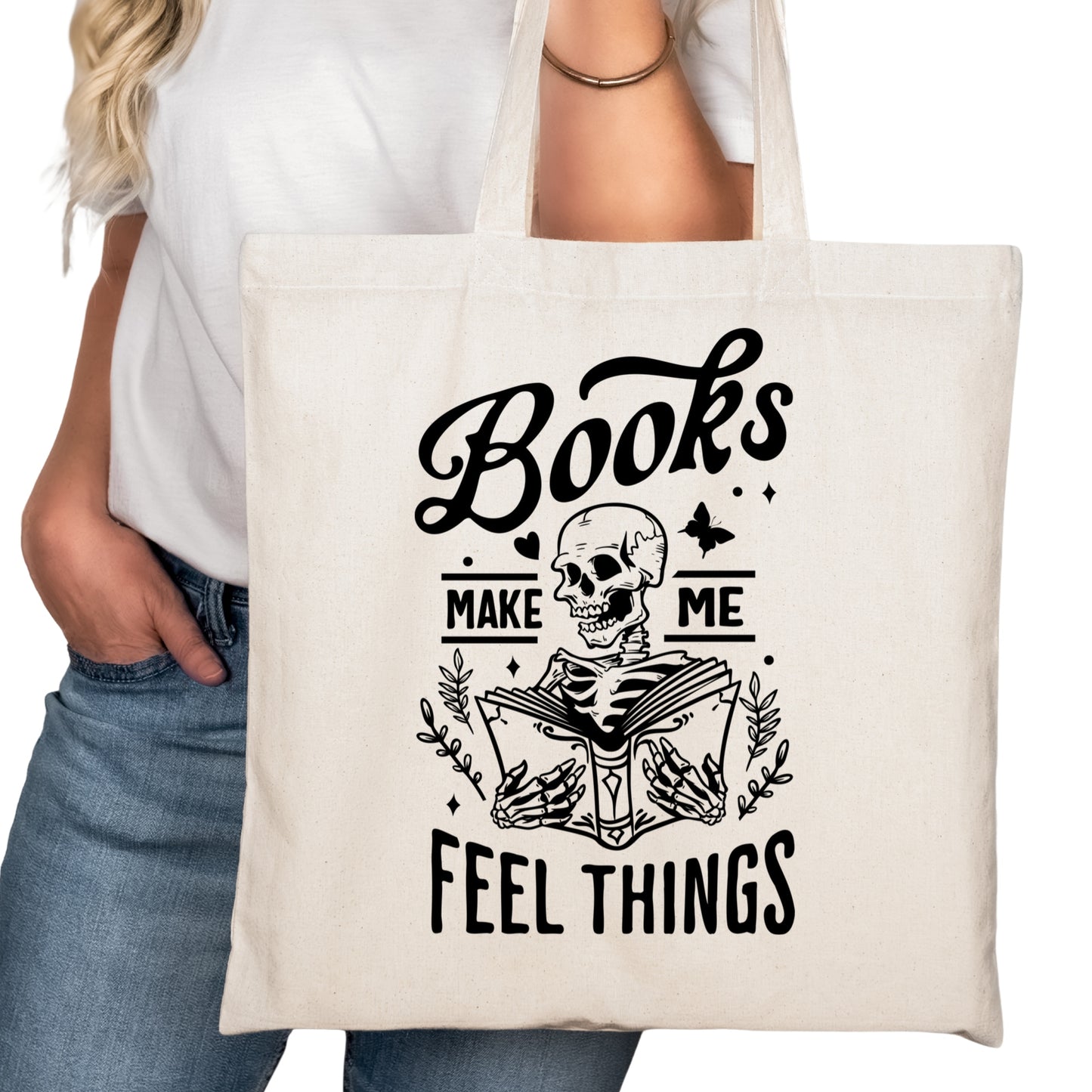 Books Make Me Feel Things Bookish Tote Bag – Reading Tote for Book Lovers – Book Reader Bag - Romance Reader Tote - Book Store