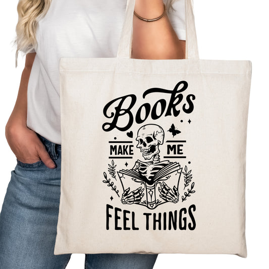 Books Make Me Feel Things Bookish Tote Bag – Reading Tote for Book Lovers – Book Reader Bag - Romance Reader Tote - Book Store