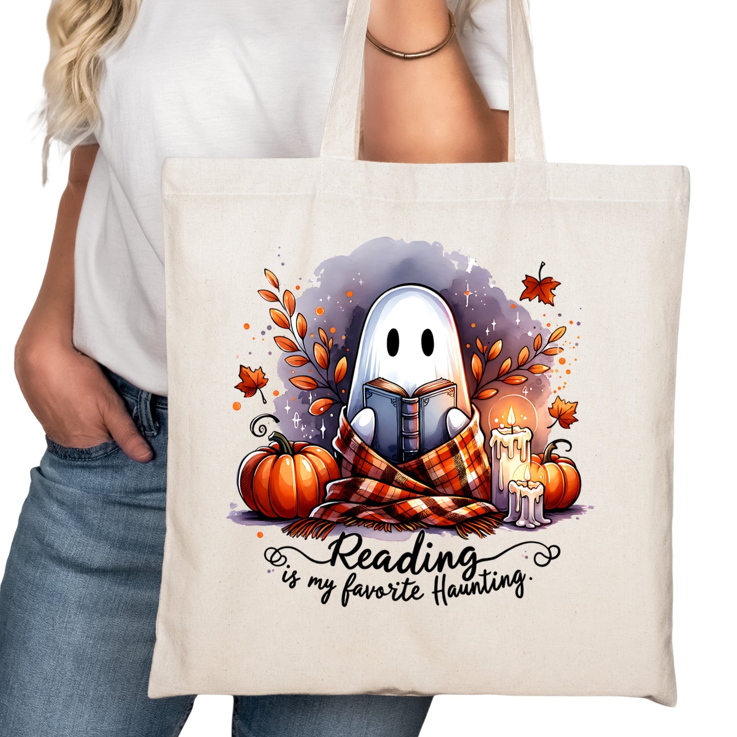 Reading in My Favorite Haunting Ghost Spooky Bookish Tote Bag – Reading Tote for Book Lovers – Book Reader Bag - Romance Reader Tote - Book Store
