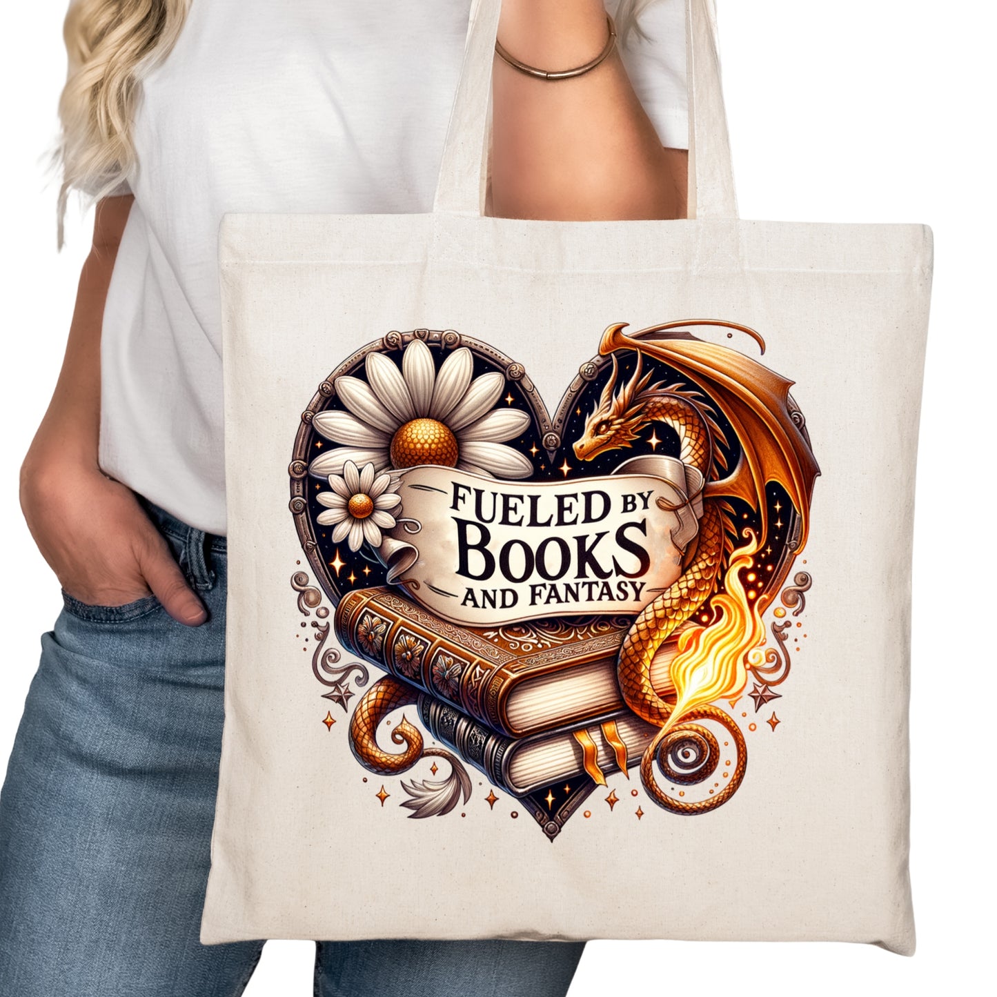 Fueled By Books and Fantasy Bookish Tote Bag – Reading Tote for Book Lovers – Book Reader Bag - Romance Reader Tote - Book Store
