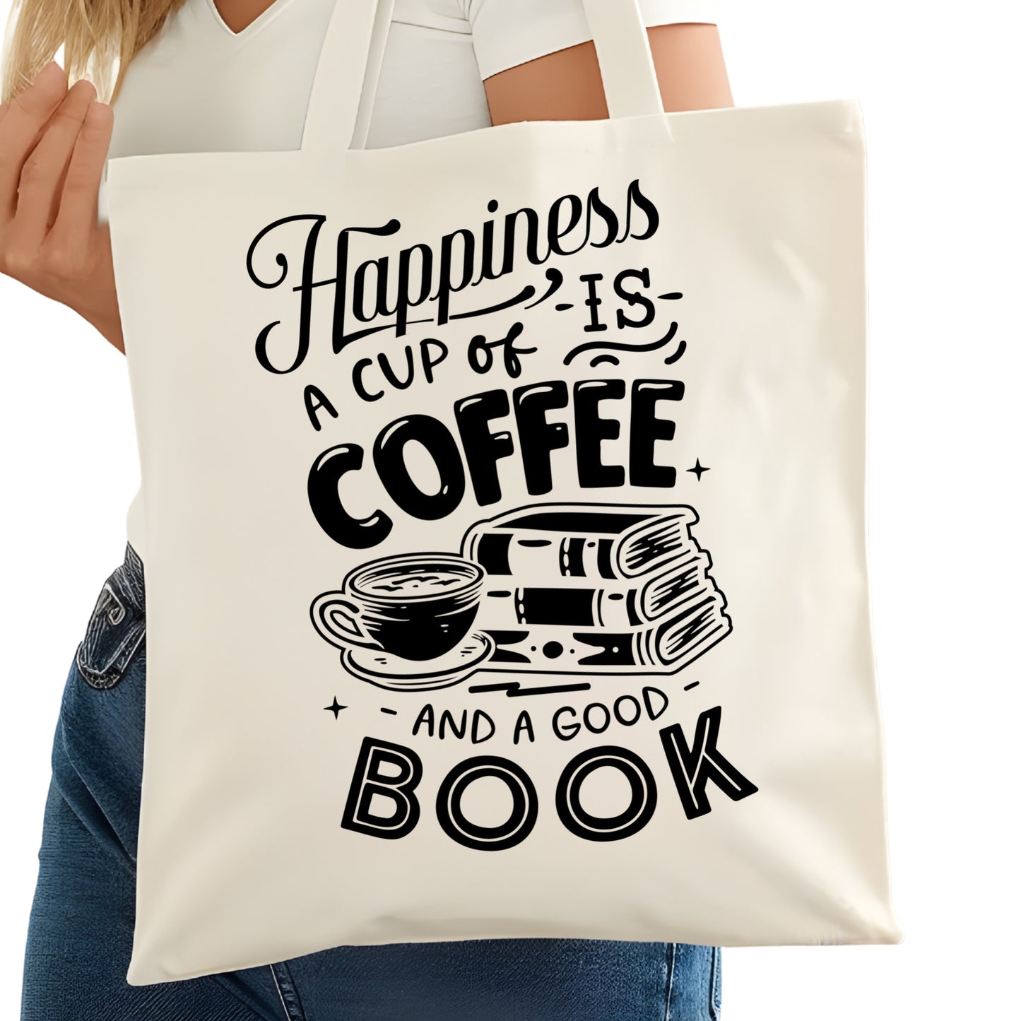 Happiness is a Cup of Coffee and a Good Book Bookish Tote Bag – Reading Tote for Book Lovers – Book Reader Bag - Reader Tote - Book Store