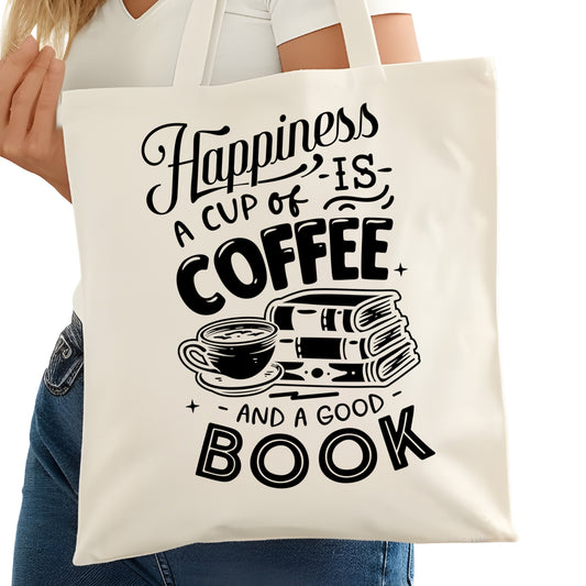 Happiness is a Cup of Coffee and a Good Book Bookish Tote Bag – Reading Tote for Book Lovers – Book Reader Bag - Reader Tote - Book Store