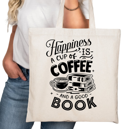 Happiness is a Cup of Coffee and a Good Book Bookish Tote Bag – Reading Tote for Book Lovers – Book Reader Bag - Reader Tote - Book Store